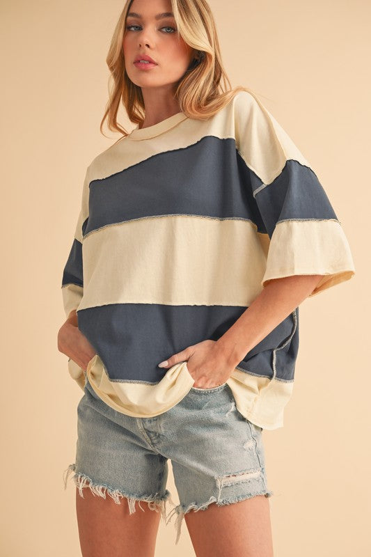 Blue and cream color blocked tee