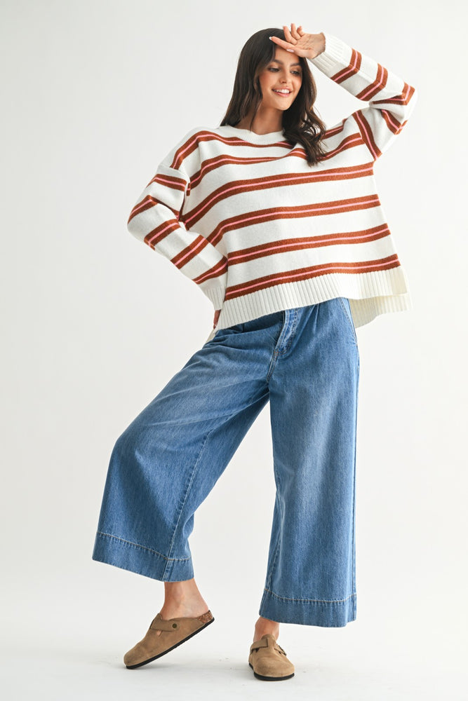 White Striped Drop Shoulder Knit Sweater