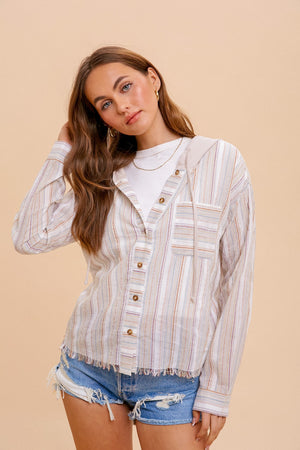 MULTI COLOR STRIPED BUTTON DOWN HOODIE SHIRTS