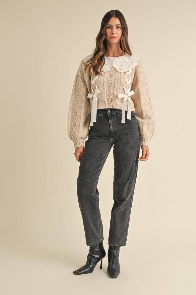 EMBROIDERED COLLAR CABLE KNIT CARDIGAN