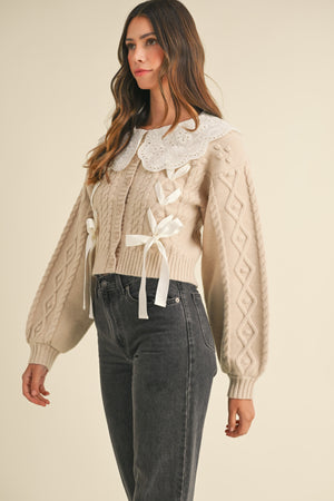 EMBROIDERED COLLAR CABLE KNIT CARDIGAN