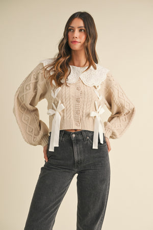 EMBROIDERED COLLAR CABLE KNIT CARDIGAN