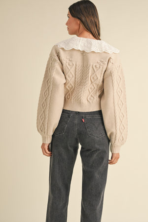 EMBROIDERED COLLAR CABLE KNIT CARDIGAN