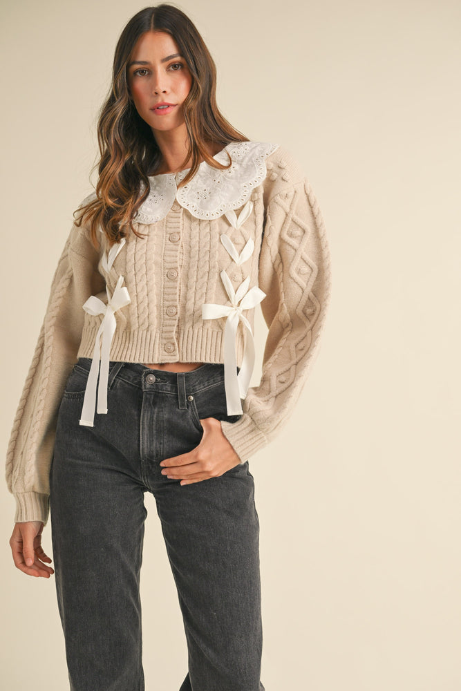 EMBROIDERED COLLAR CABLE KNIT CARDIGAN