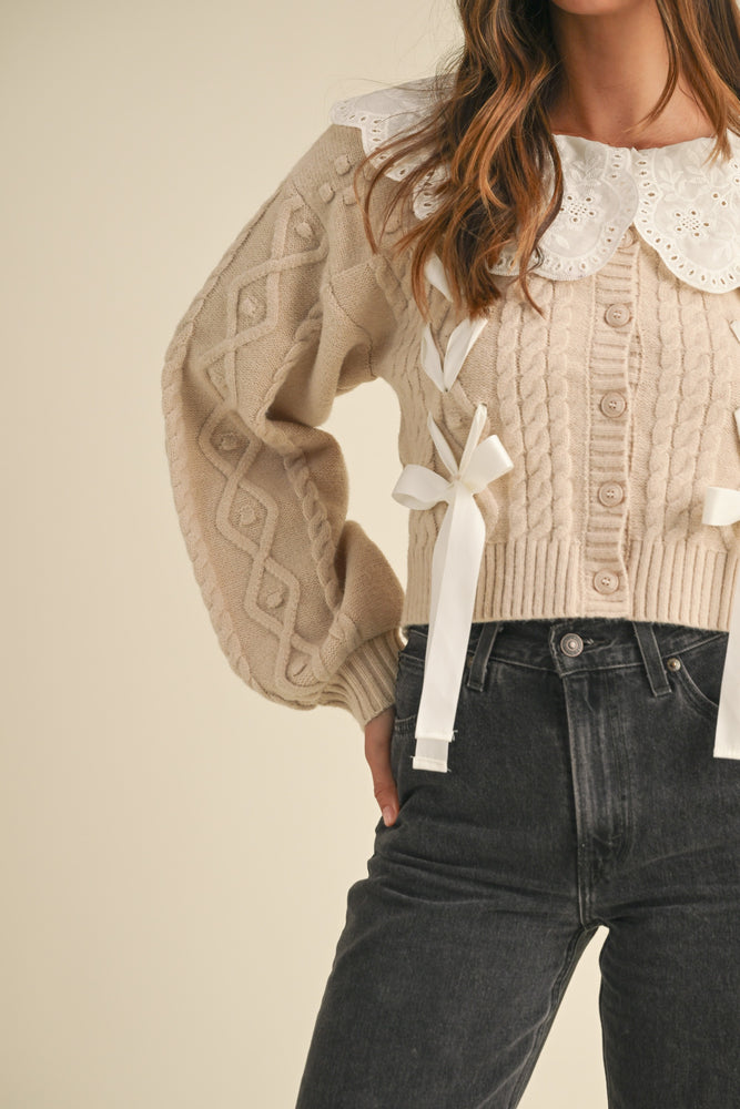 EMBROIDERED COLLAR CABLE KNIT CARDIGAN