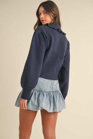 Navy Ruffled Peter Pan Collar Cardigan