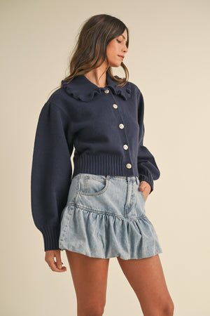 Navy Ruffled Peter Pan Collar Cardigan