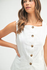 White Linen Mix Square Neck Vest