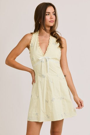 Halter Neck Silver Embroidery Detail Mini Dress