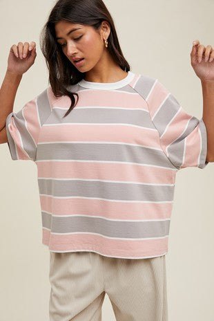 Heather Grey Varsity Striped Knit Pullover