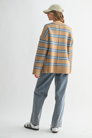 Mocha Striped Drop Shoulder Knit Sweater
