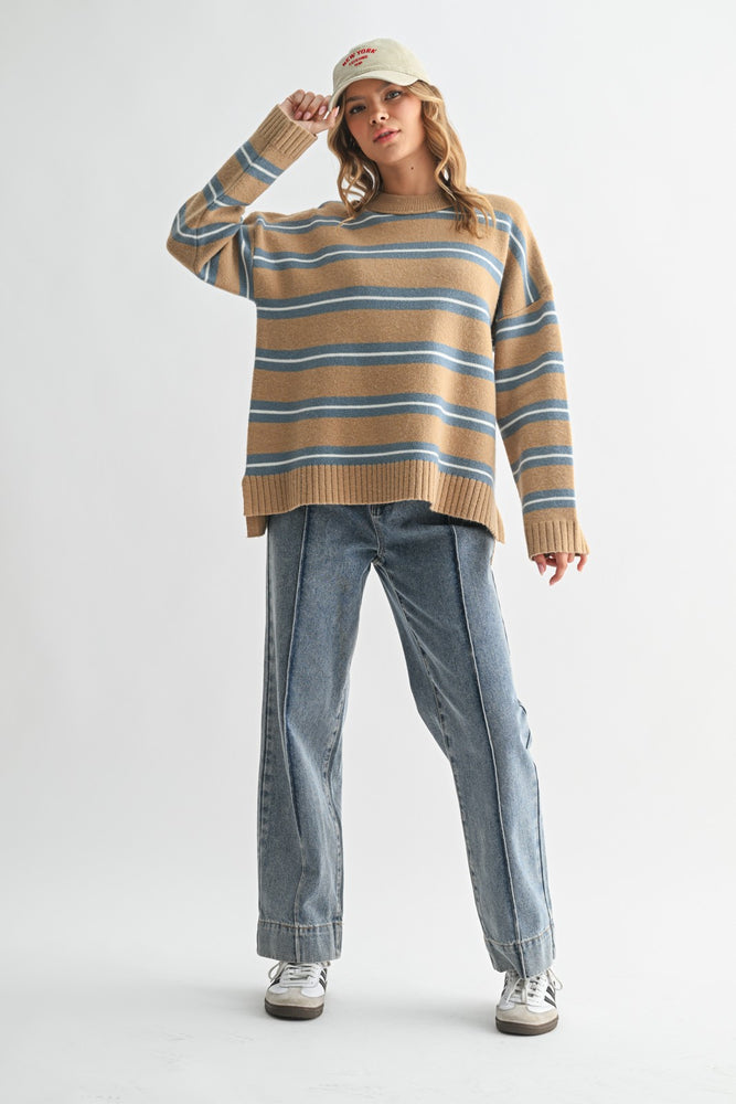Mocha Striped Drop Shoulder Knit Sweater