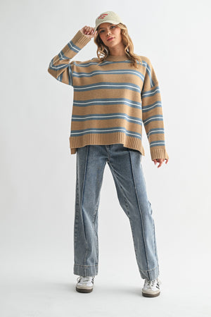 Mocha Striped Drop Shoulder Knit Sweater