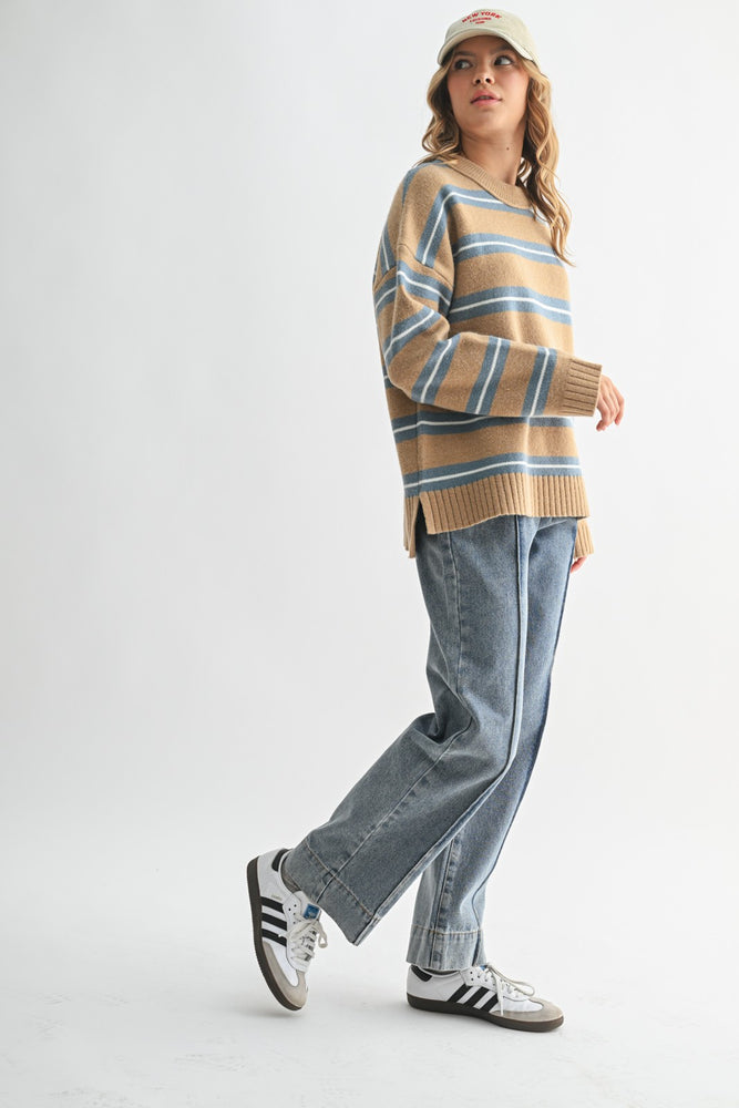 Mocha Striped Drop Shoulder Knit Sweater