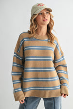 Mocha Striped Drop Shoulder Knit Sweater