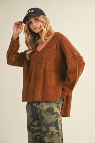 Camel Oversized V Neck Sweater Top