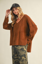 Camel Oversized V Neck Sweater Top