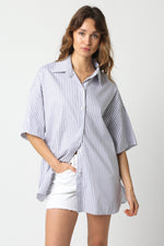 Grey striped button down short sleeve top.