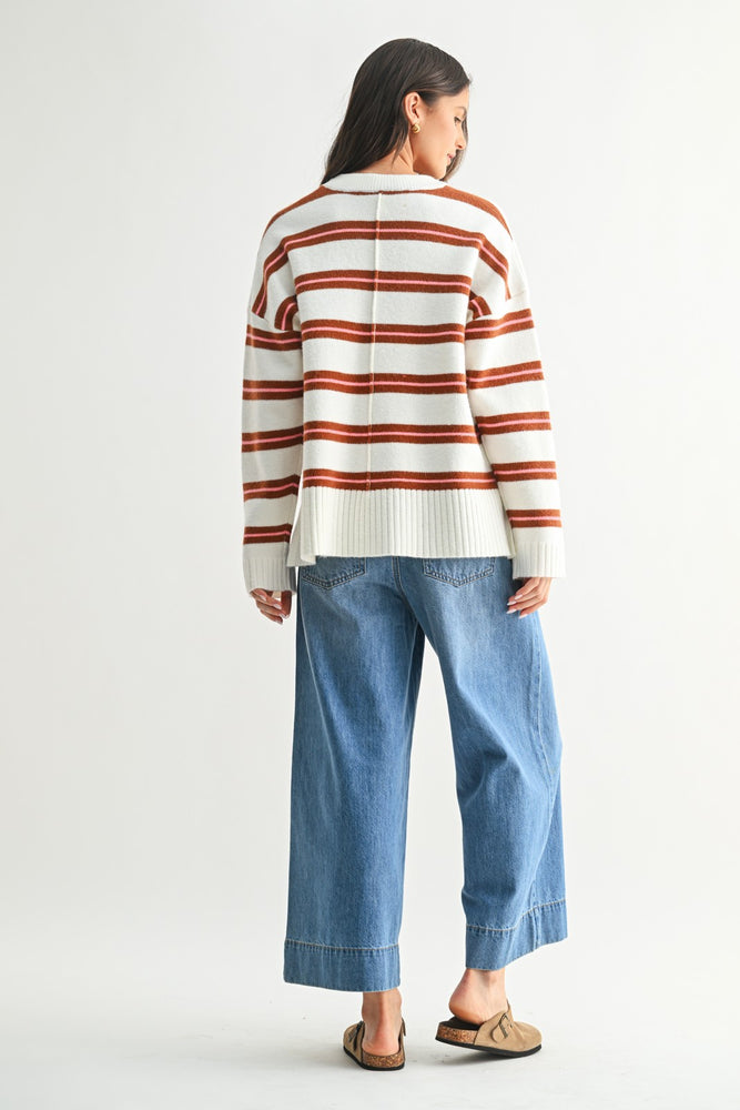 White Striped Drop Shoulder Knit Sweater