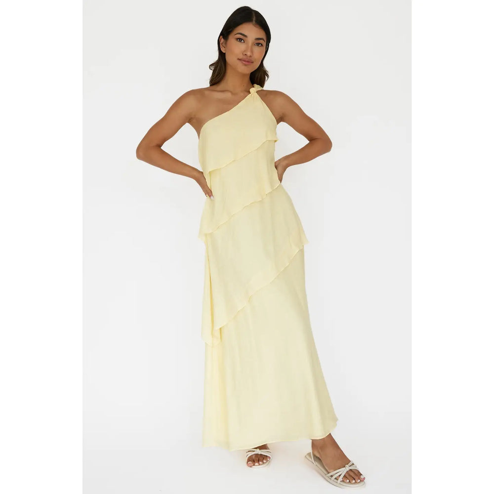 Yellow One Shoulder Knotted Maxi Dress