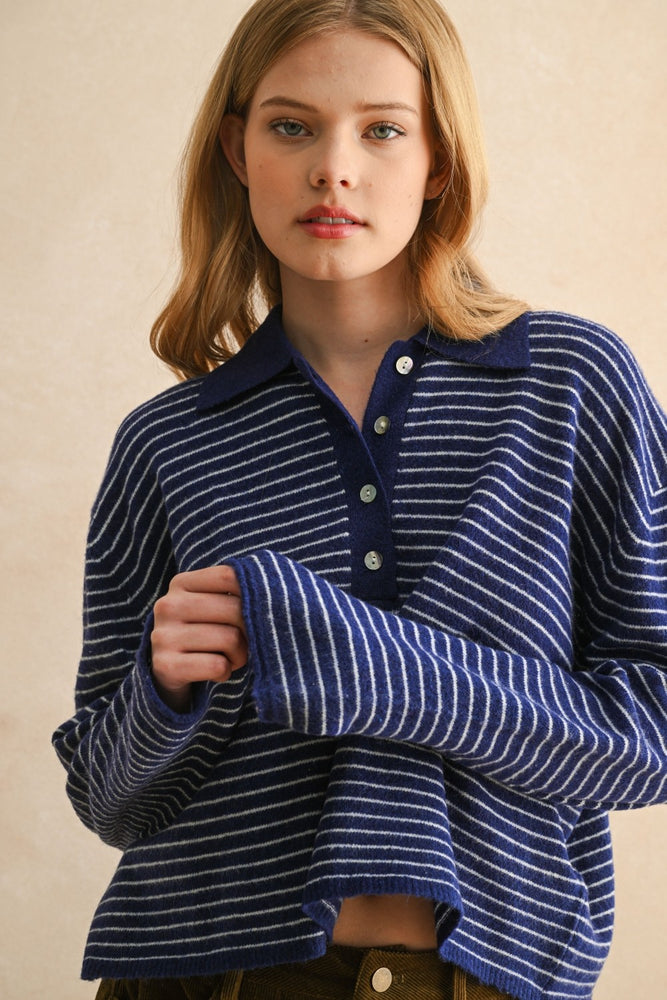 Stripe Long Sleeve With Collar Knitted Top