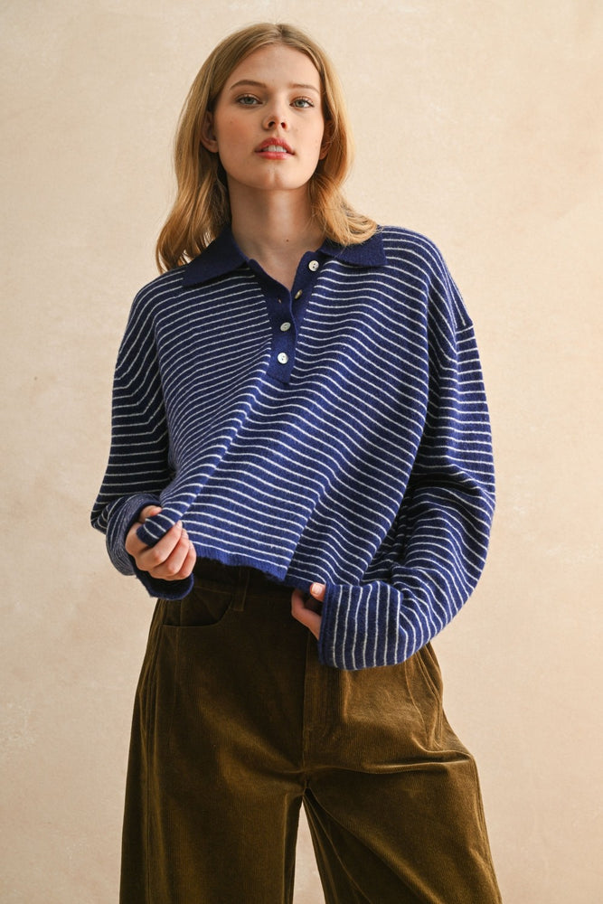 Stripe Long Sleeve With Collar Knitted Top
