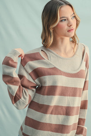 Stone red beanDouble Faux Layer Striped Sweater