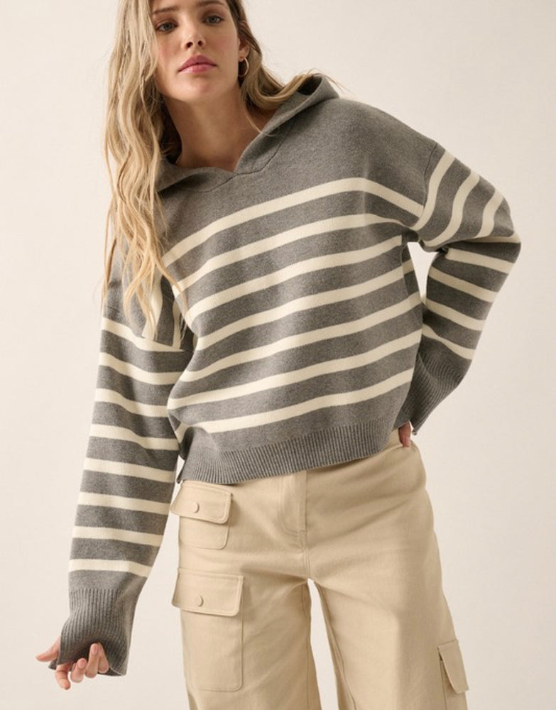 Grey Stripe Hooded Sweater