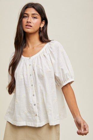 White Floral Embroidered Button-up Blouse