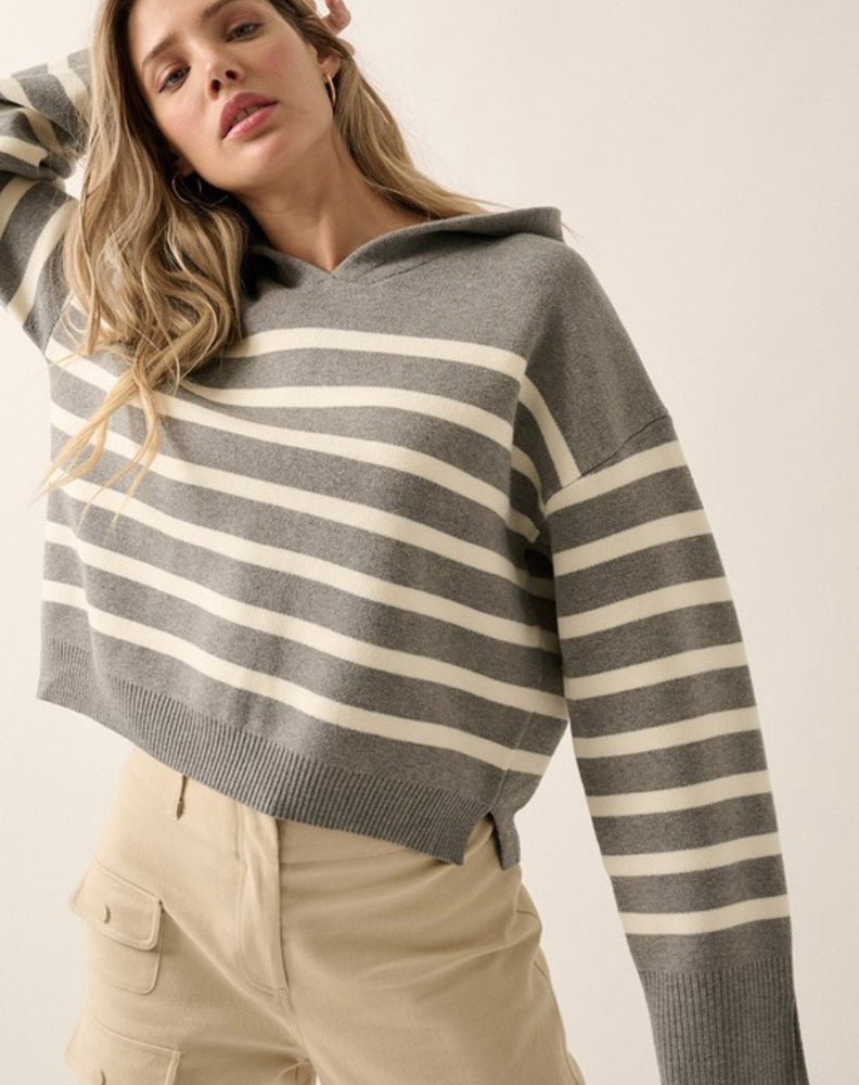 Grey Stripe Hooded Sweater