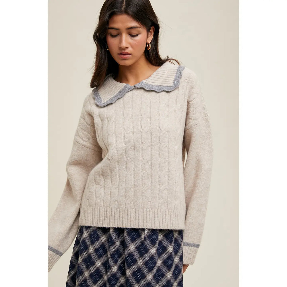 Contrast Collared Cable Knit Sweater