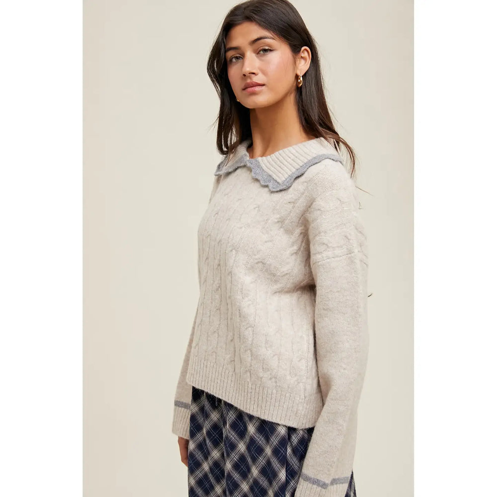 Contrast Collared Cable Knit Sweater