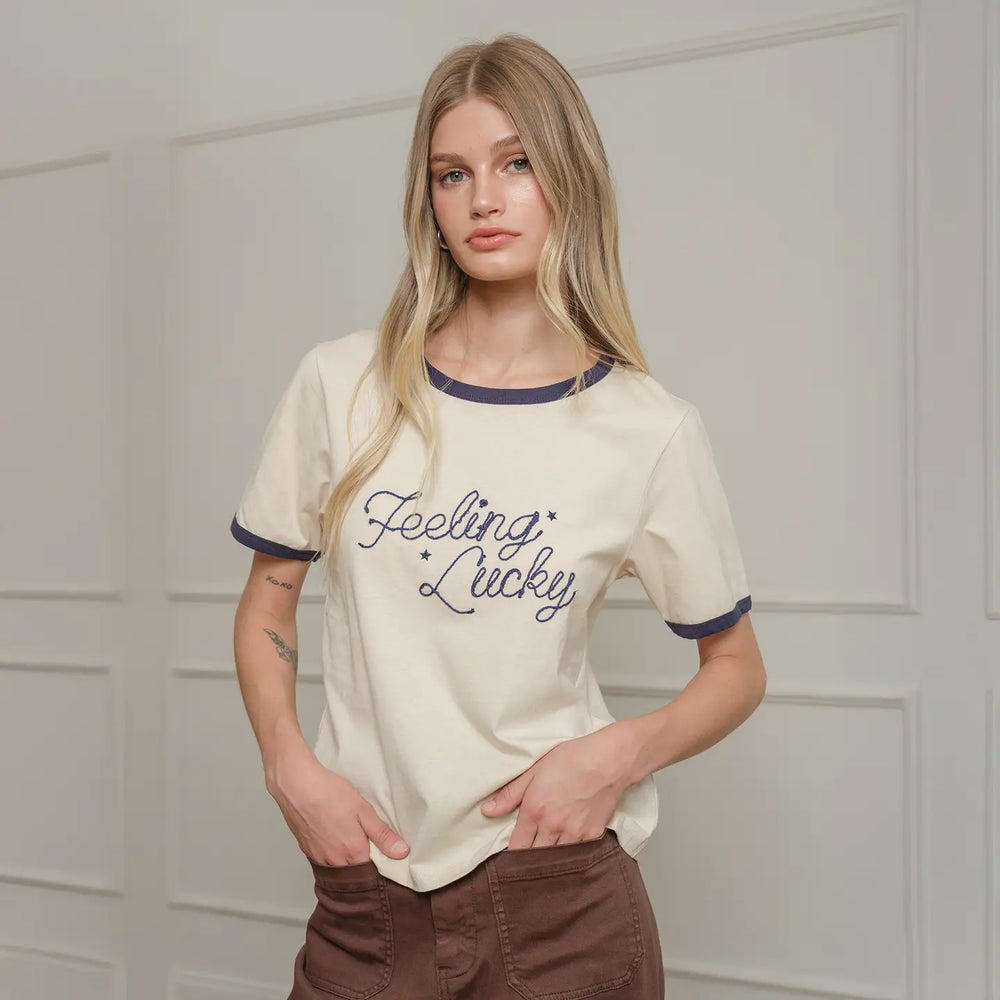 Feeling Lucky Embroidered Ringer Tee
