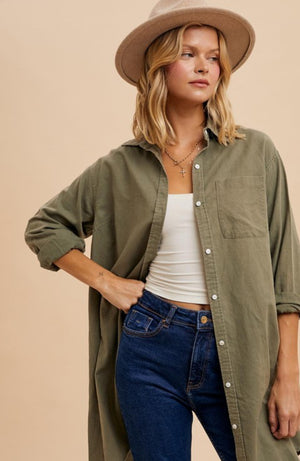 Olive linen blend button down