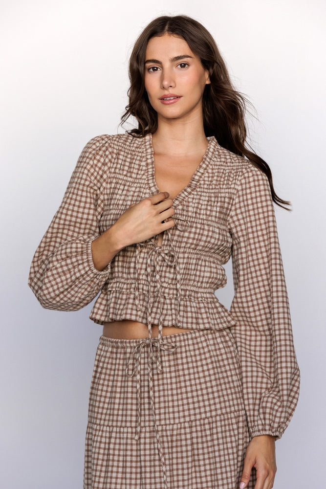 Brown Gingham Smocked Top