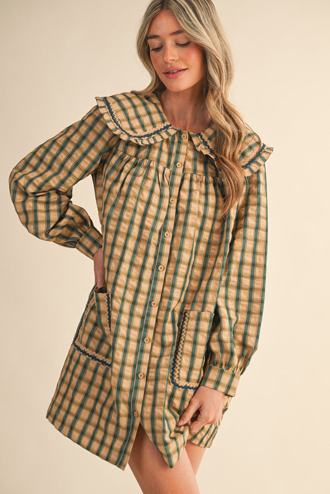 Doll Collar Button Down Plaid Mini Dress