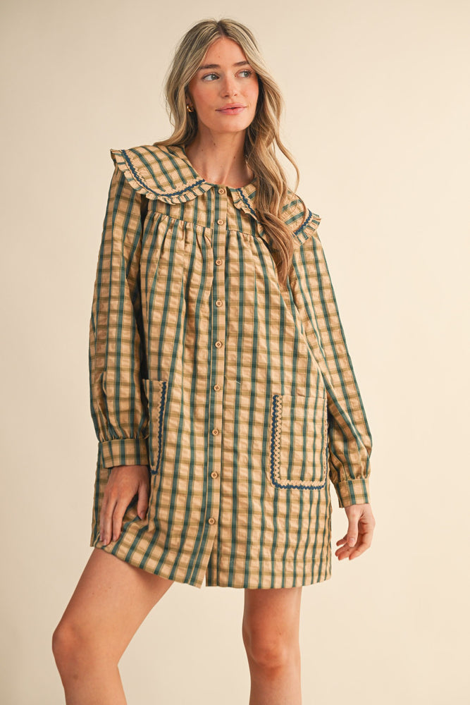 Doll Collar Button Down Plaid Mini Dress