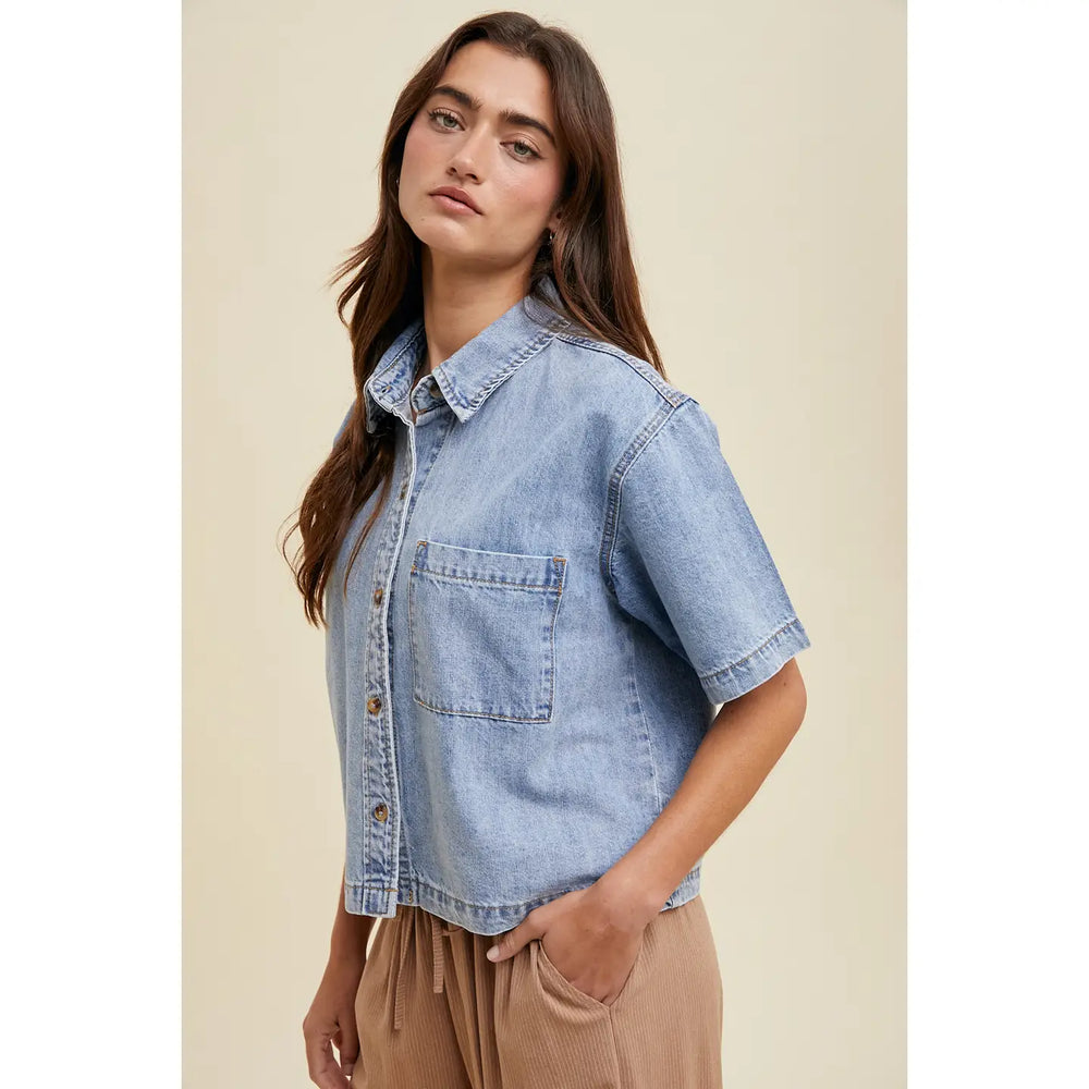 Denim Button-Up Shirt with Pocket