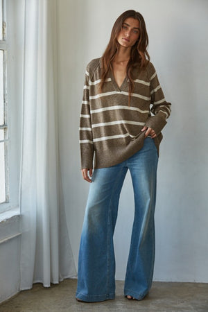 Graham Striped Taupe Polo Sweater