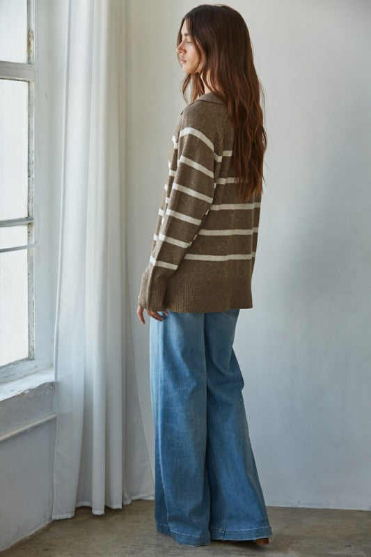 Graham Striped Taupe Polo Sweater
