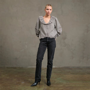Black Ruffle Embroidered Check Blouse