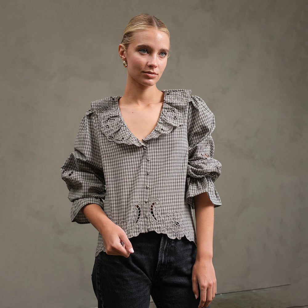 Black Ruffle Embroidered Check Blouse