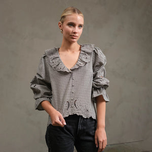 Black Ruffle Embroidered Check Blouse