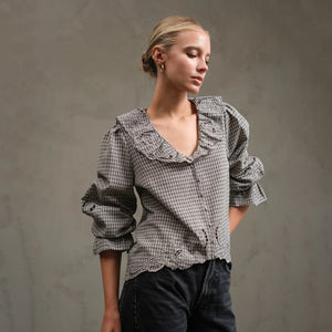 Black Ruffle Embroidered Check Blouse