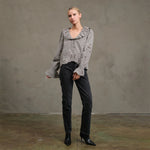 Black Ruffle Embroidered Check Blouse