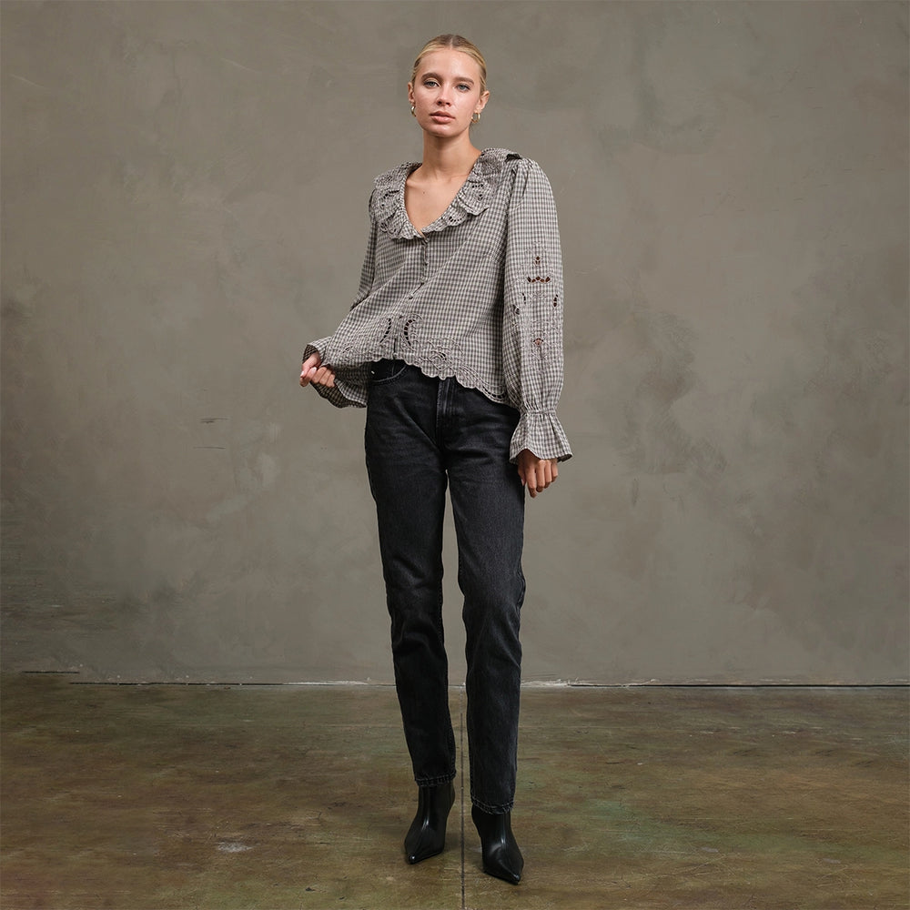 Black Ruffle Embroidered Check Blouse