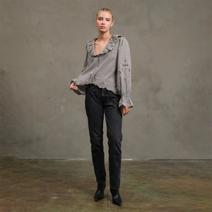 Black Ruffle Embroidered Check Blouse