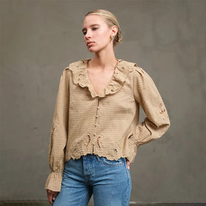 Mustard Ruffle Embroidered Check Blouse