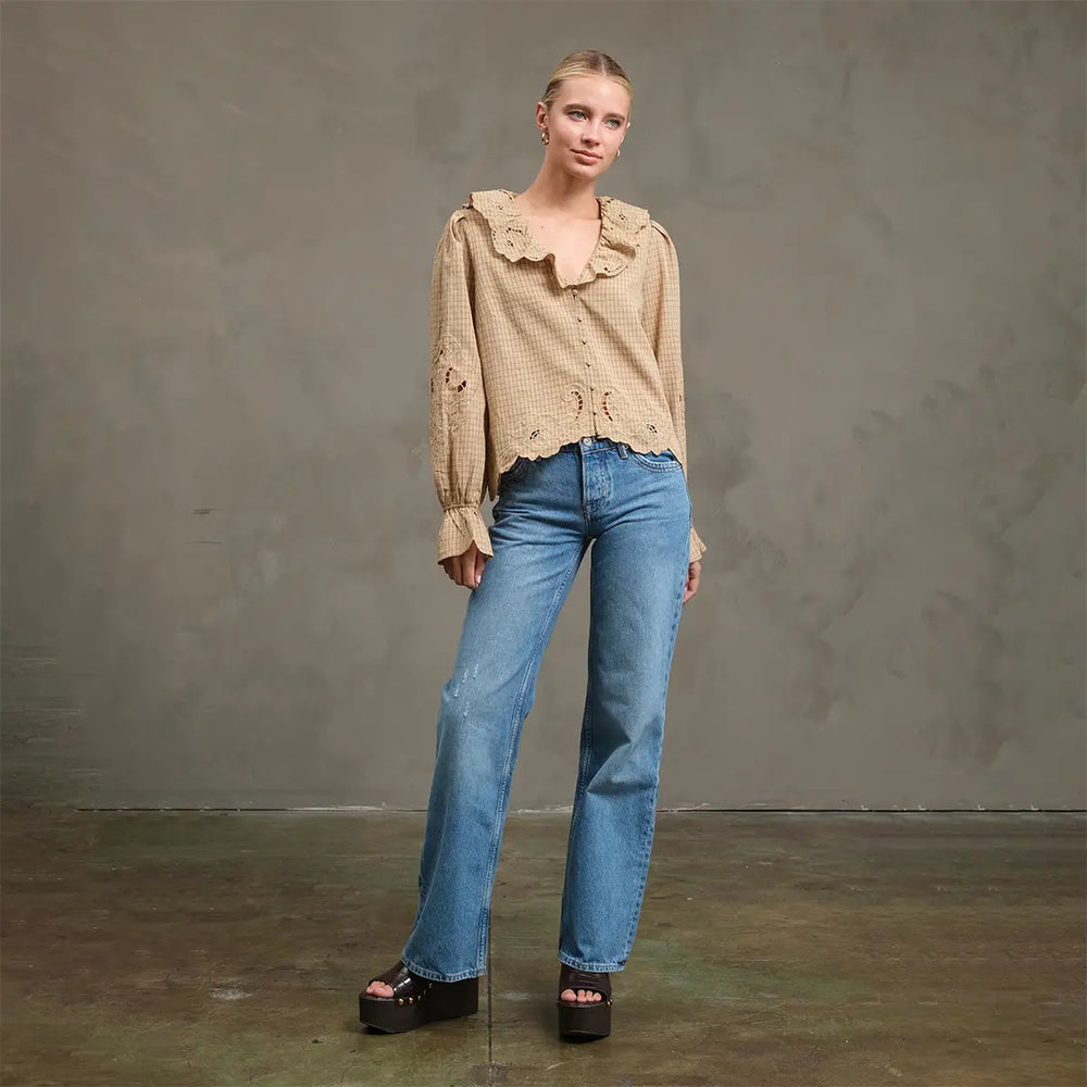 Mustard Ruffle Embroidered Check Blouse
