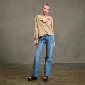 Mustard Ruffle Embroidered Check Blouse